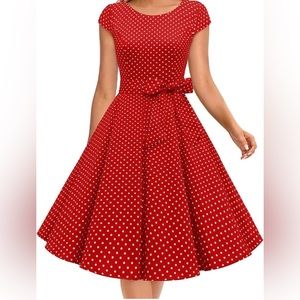 Dressystar Vintage 1950s Cap-Sleeve Red Dress with White Polka Dots Size Small